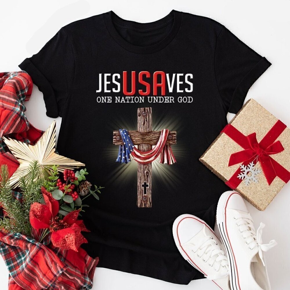 Christian T-Shirt Jesus Saves One Nation Under God Cross Flag Patriotic .